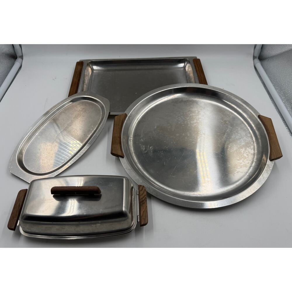 Vintage Denmark Stainless Steel Set 3 Serving Trays w Wood Handles / Butter Dish